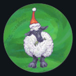 Adesivo Ovelhas bonitas em Santa Chapéu em Verde<br><div class="desc">Ovelha Festiva de Parada Animal em Presentes e Decorações de Natal Verde Texturados apresenta nossa divertida trabalho de arte de uma linda ovelha branca e preta decolada em um chapéu de Papai Noel contra um fundo verde texturizado pintado digitalmente pelo ilustrador do livro infantil, Traci Van Wagoner. Na parte de...</div>