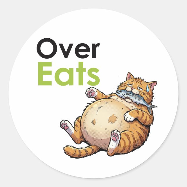 Adesivo Over Eats - Funny Fat Cat Eating Fish Cartoon (Frente)