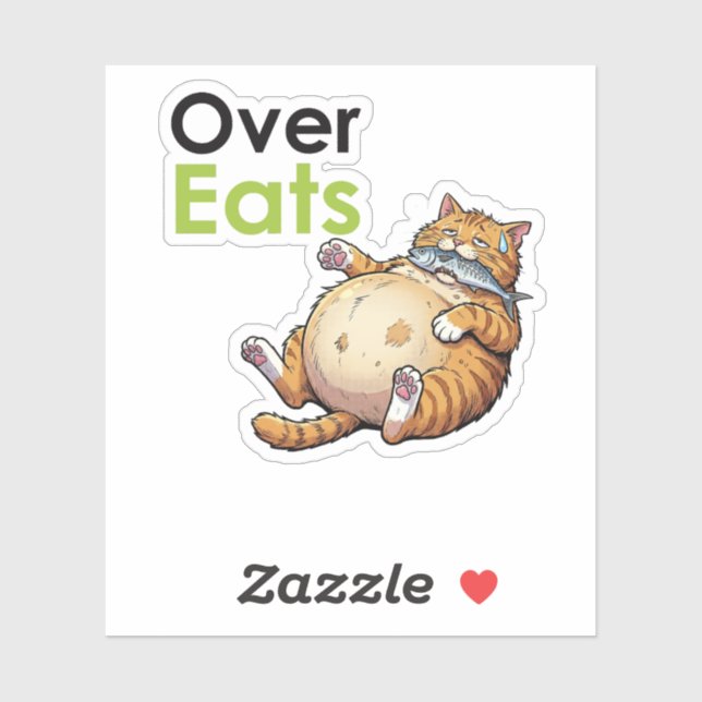 Adesivo Over Eats - Funny Fat Cat Eating Fish Cartoon (Folha)