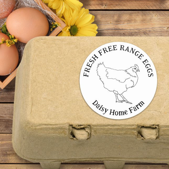 Adesivo Ovos De Galinha Simples Desenhados Personalizados (Chicken egg box custom labels simple black and white hen illustration with fresh free range eggs )