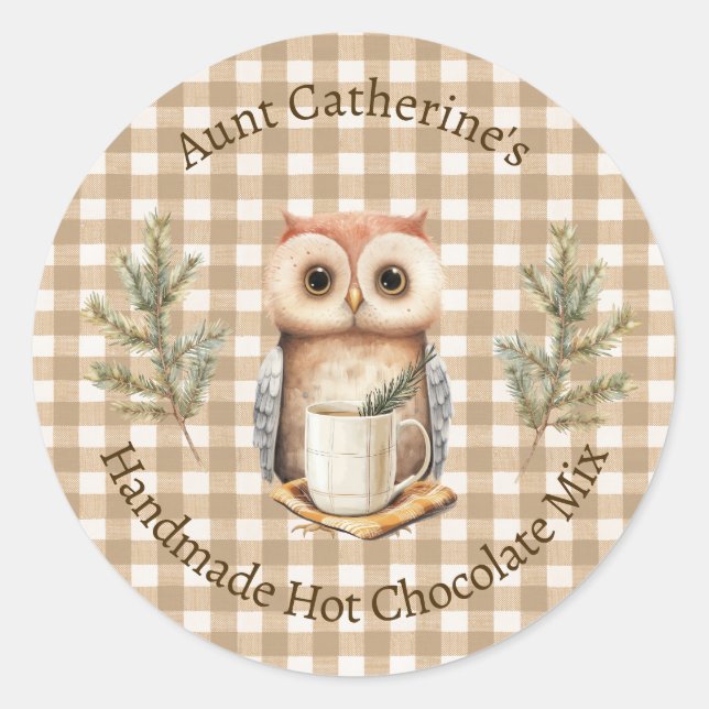 Adesivo Owl with Mug Brown Gingham Hot Cocoa Mix Label (Frente)