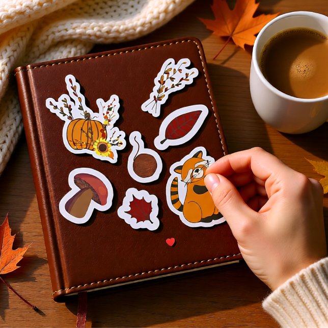Adesivo Pacote Humor de Outono 2 (Cozy Autumn Forest with Pumpkin, Raccoon & Leaves Sticker)