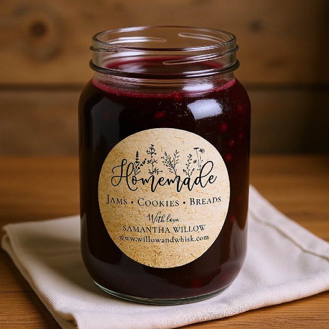 Adesivo Pacote Personalizado de Produto Floral Kraft Homem (custom packaging label homemade round botanical business drink food gift kraft black wild garden)