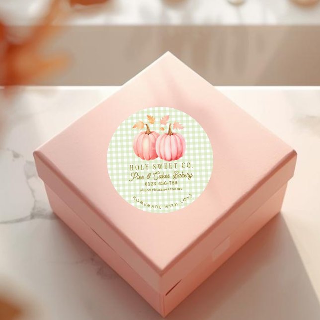 Adesivo Padaria Gingham de Bompkin Rosa de outono (Pink Pumpkin Green Gingham Bakery sticker)