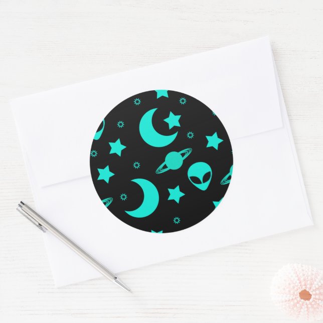Adesivo Padrão de Alien Turquesa com Estrelas e Luas (Envelope)