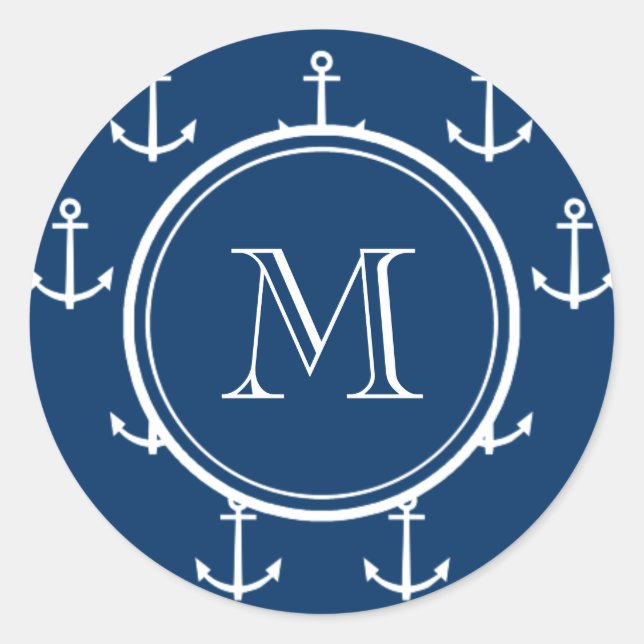 Adesivo Padrão de Âncoras Brancas marinhos Azul, Seu Monog (Frente)
