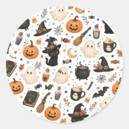 Adesivo Padrão de aquarela de Halloween fofo com gatos pre