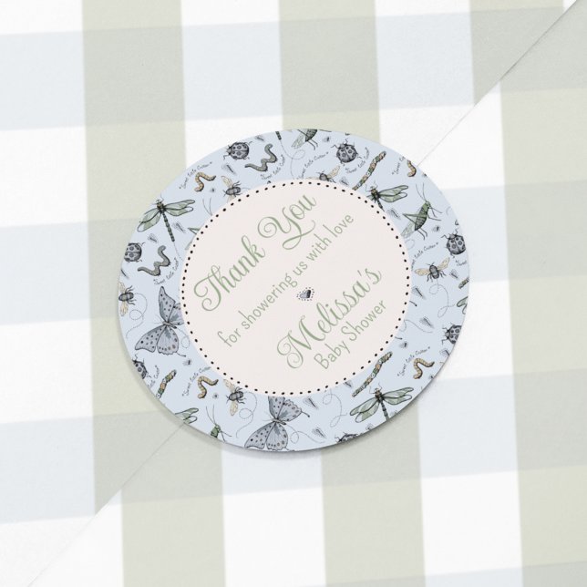 Adesivo Padrão de Insetos e Gingham do Bebê Azul e Bonito  (Cute boho hand-drawn insects party favor Thank You sticker for baby boy Shower in blue & sage green)