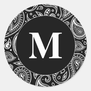 Adesivo Padrão de Paisley Floral Preto e Branco Monograma