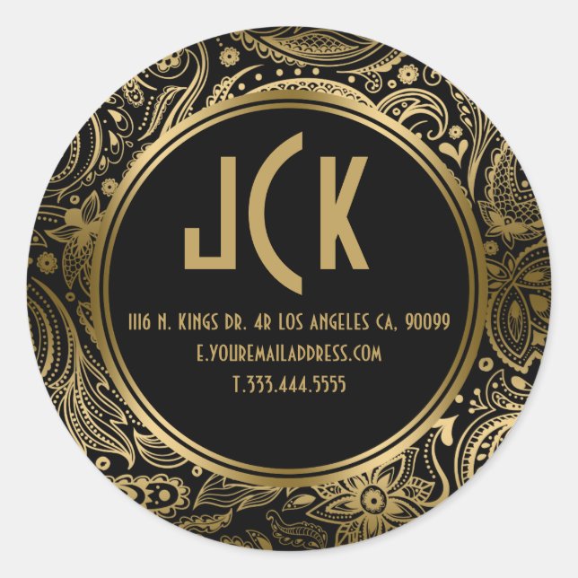Adesivo Padrão de Paisley Floral Preto e Dourado Elegante (Frente)