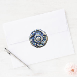 Adesivo Padrão Floral Anterior Azul Faux Silver Round