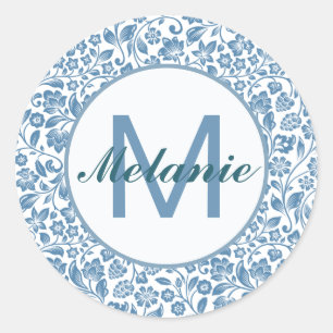 Adesivo Padrão Floral Azul Branco Vintage Personalizado