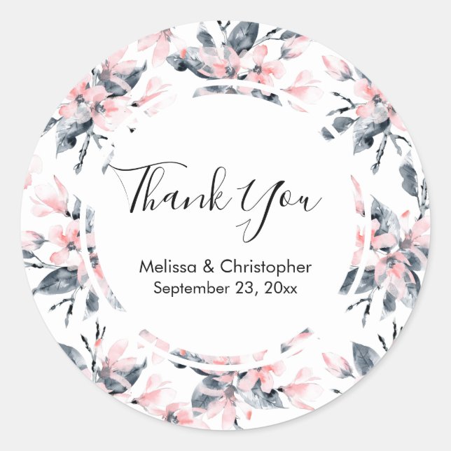 Adesivo Padrão Floral De Aquarela Rosa E Cinza Obrigado (Frente)