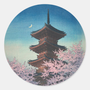 Adesivo Pagode de uma Primavera Japonesa Antiga em Xilogra
