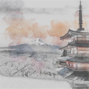 Adesivo Pagode Japonesa em Aquarela & Mt. Fuji