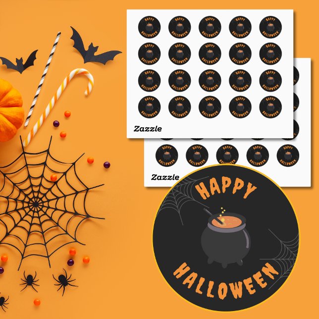 Adesivo Palavras-Palavras Negras e Laranja Felizes (Black & Orange Halloween Cauldron Stickers.)