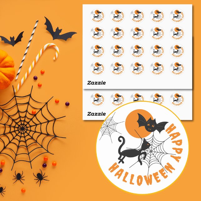 Adesivo Palavras-Palavras Negras e Laranja Felizes (Black & Orange Halloween Black Cat Stickers.)