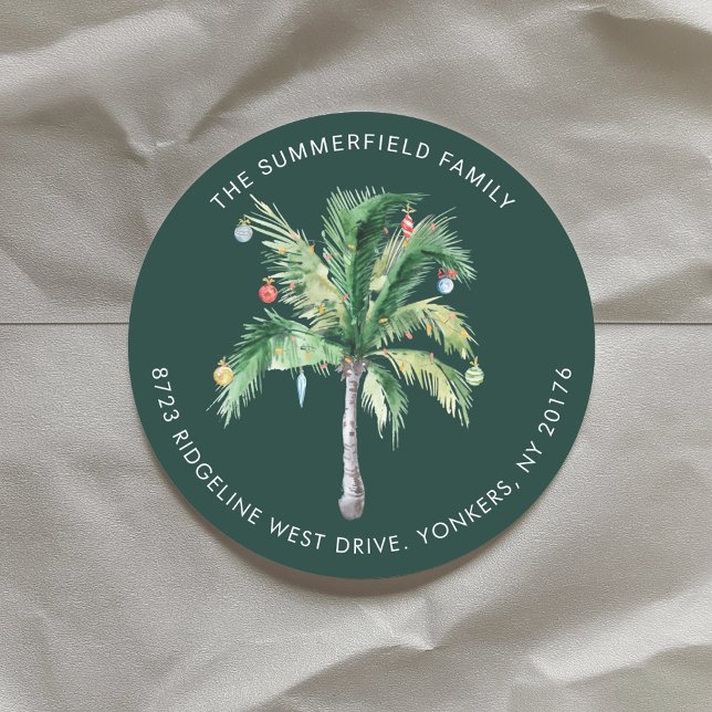 Adesivo Palm Tree Coastal Christmas Return Address (Palm Tree Coastal Christmas Return Address Classic Round Sticker)