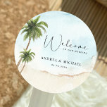 Adesivo Palm Trees Beach Destination Wedding Welcome<br><div class="desc">Celebre o seu casamento com estes adesivos bonito,  com palmeiras de aquarela e o seu texto personalizado. Adicione facilmente seus próprios detalhes clicando na opção "personalizar".</div>