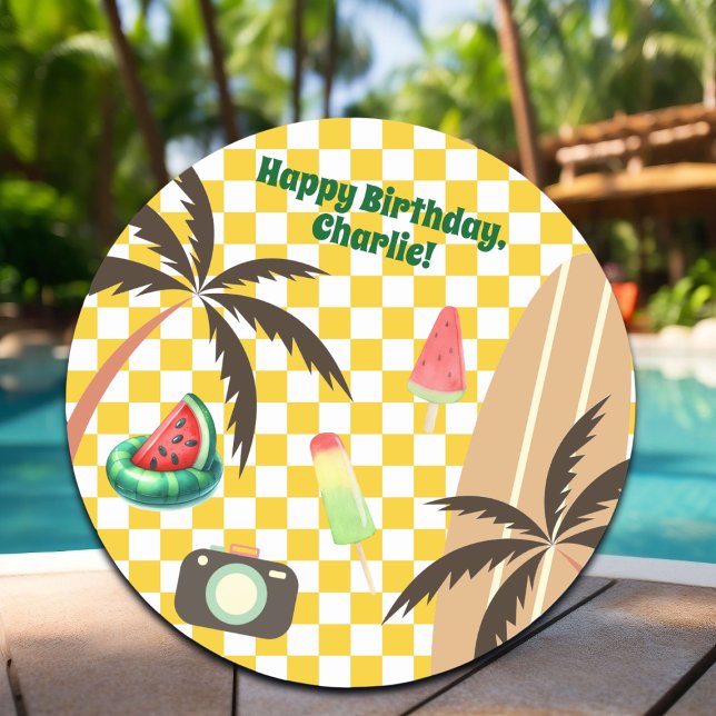 Adesivo Palm Tres Surfboard Checkered Summer Party (Criador carregado)