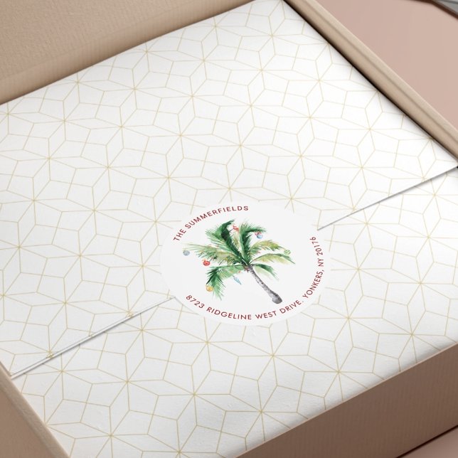 Adesivo Palma da Árvore Costeira Endereço de devolução de  (Coastal Palm Tree Christmas Return Address Classic Round Sticker)