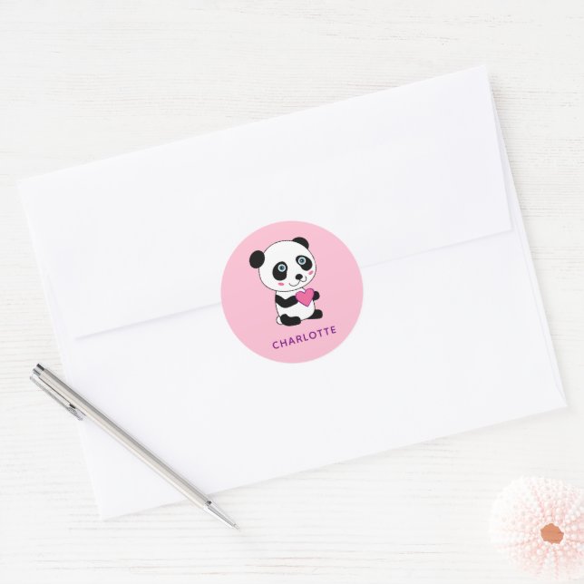 Adesivo Panda bonita com coração rosa + nome (Envelope)
