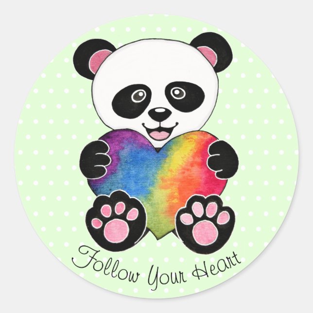 Adesivo Panda Cuta De Aquarela Com Coração Arco-Íris (Frente)