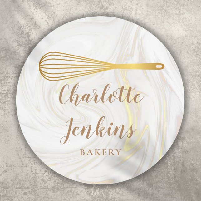 Adesivo Panificação Patisserie Marble Swirls Dourado Whisk (Bakery Patisserie Marble Swirls Gold Whisk Classic Round Sticker)