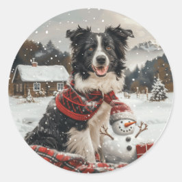 Adesivo Pano Collie Dog Snowman na fronteira de Natal