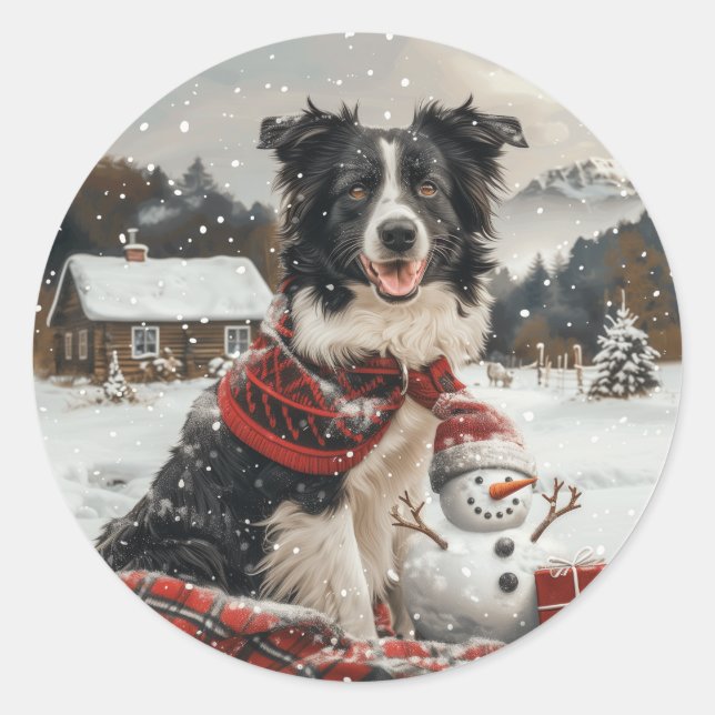 Adesivo Pano Collie Dog Snowman na fronteira de Natal (Frente)