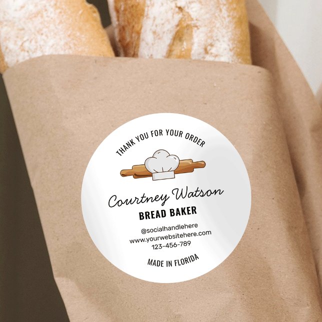 Adesivo Pão De Sorvete - Obrigado Rótulo (Bread bakery contact details product label with rolling pin and chef hat illustrations)