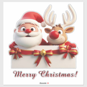 Adesivo Papai Noel de desenho animado festivo e rena