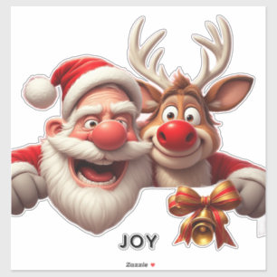 Adesivo Papai Noel de desenho animado festivo e rena