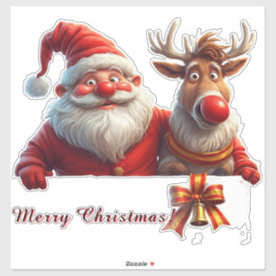 Adesivo Papai Noel de desenho animado festivo e rena