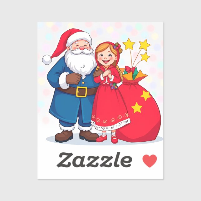 Adesivo Papai Noel e Menina com um Saco de Presentes (Folha)
