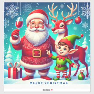 Adesivo Papai Noel, Elfo e Rena em um Natal Festivo