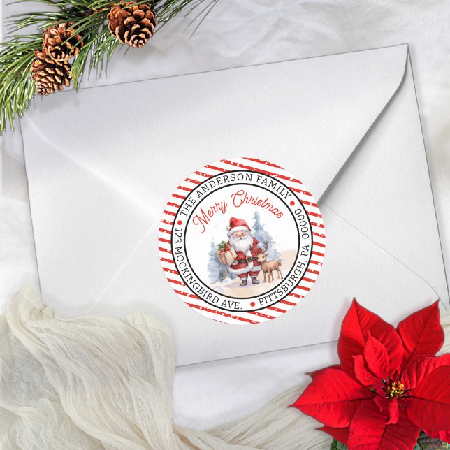 Adesivo Papai Noel | Endereço de Retorno de Círculo de Nat (Add a festive touch to your holiday correspondence with this Santa and Reindeer Envelope Seal)