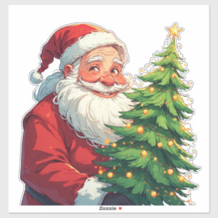 Adesivo Papai Noel Festivo Segurando Árvore de Natal