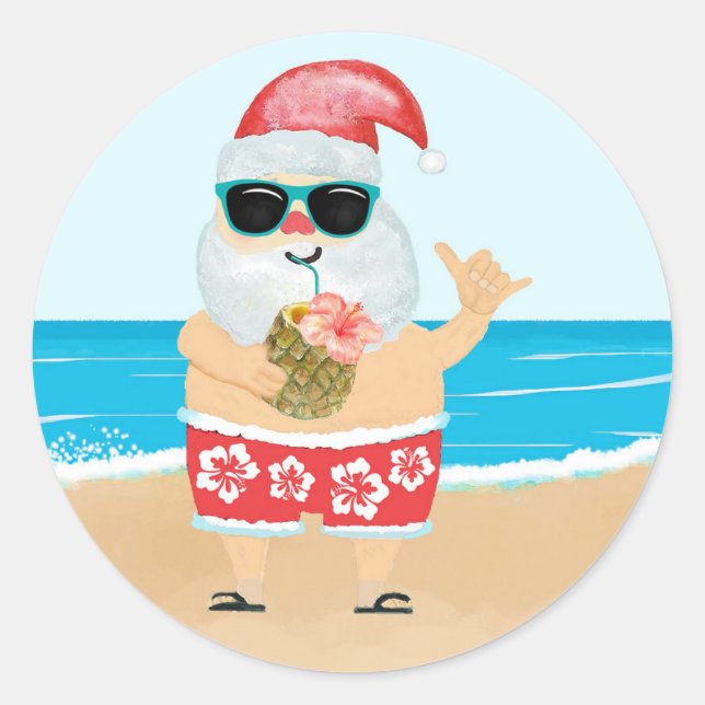 Adesivo Papai Noel Havaiano Tropical na Praia (Frente)