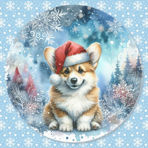 Adesivo Papais noeis Corgi Puppy Na Aquarela De Inverno