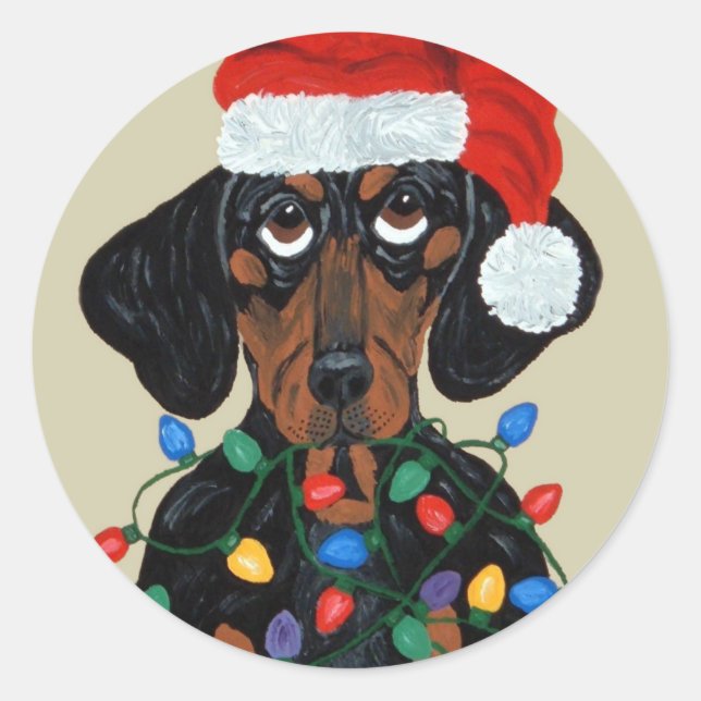 Adesivo Papais noeis Dachshund Tangidos Em Luzes De Natal (Frente)