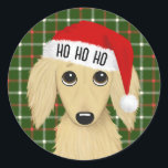 Adesivo Papais noeis de Cream Dachshund de Cabelo Longo Na<br><div class="desc">Espalhe a alegria de férias com este adorável adesivo de Natal! O adesivo apresenta um dachshund, colorido de creme inglês, de longa data, vestindo um chapéu vermelho brilhante de Papai Noel com um jato branco. HO HO HO pode ser personalizado com nome ou outro texto. Estes autocolantes podem ser utilizados...</div>