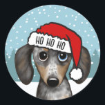 Adesivo Papais noeis de Dachshund Cachorro de Wiener Cujo<br><div class="desc">Espalhe a alegria de férias com este adorável adesivo de Natal! O adesivo apresenta um dachshund ilustrado de maçã-mala vestindo um chapéu vermelho brilhante de Papai Noel com um caimento branco. HO HO HO pode ser personalizado com nome ou outro texto. Estes autocolantes podem ser utilizados para selar envelopes ou...</div>