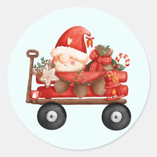 Adesivo Papais noeis de Natal bonitos Gnome em um vagão (Frente)