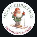 Adesivo Papais noeis Elf em Skis Felry Christmas<br><div class="desc">Um belo adesivo de Natal para presentes,  pacotes,  cartões de Natal,  favoritos para festas e muito mais,  este design apresenta um texto circular em torno de uma ilustração colorida de um elfo sobre esquis. Edite os nomes mostrados com seus próprios nomes ou outro texto.</div>
