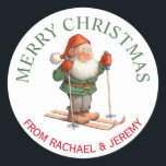 Adesivo Papais noeis Elf em Skis Felry Christmas<br><div class="desc">Um belo adesivo de Natal para presentes,  pacotes,  cartões de Natal,  favoritos para festas e muito mais,  este design apresenta um texto circular em torno de uma ilustração colorida de um elfo sobre esquis. Edite os nomes mostrados com seus próprios nomes ou outro texto.</div>