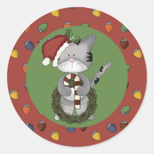 Adesivo Papais noeis Gato com Candy Cane e Wreath