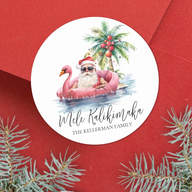 Adesivo Papais noeis praia tropical Mele Kalikimaka Natal (Santa Tropical Beach Mele Kalikimaka Christmas Classic Round Sticker )