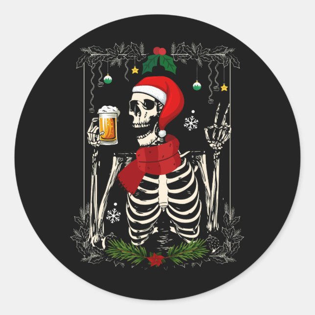 Adesivo Papais noeis Skeleton Bebendo Beer Retro Feliz Nat (Frente)