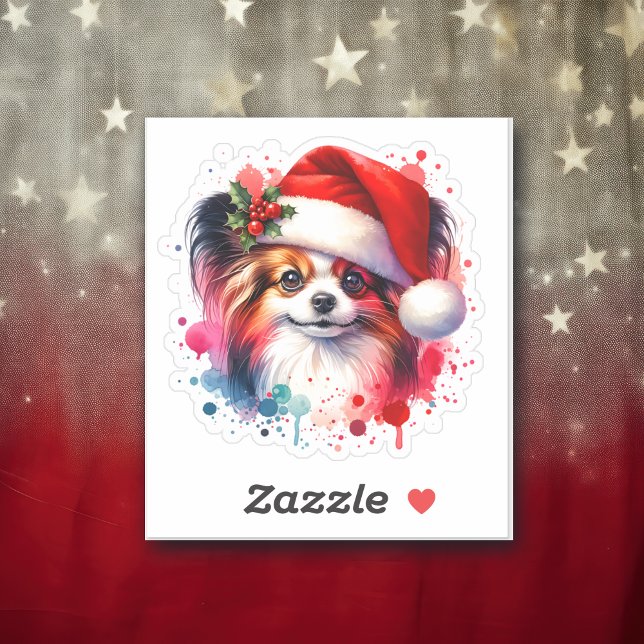 Adesivo Papillon Dog no Natal de Santa Hat (Criador carregado)
